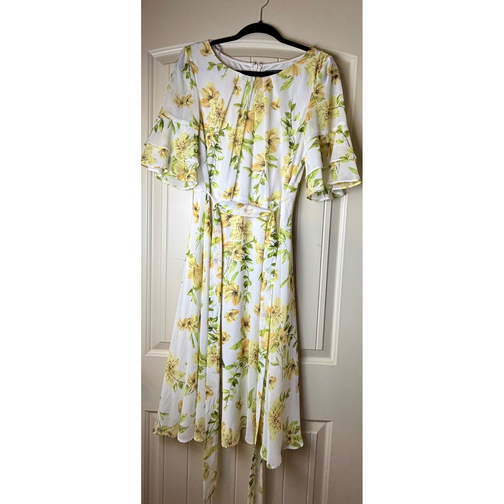Jessica Howard Yellow Floral Tiered Flutter Sleeve Midi Dress Size 12